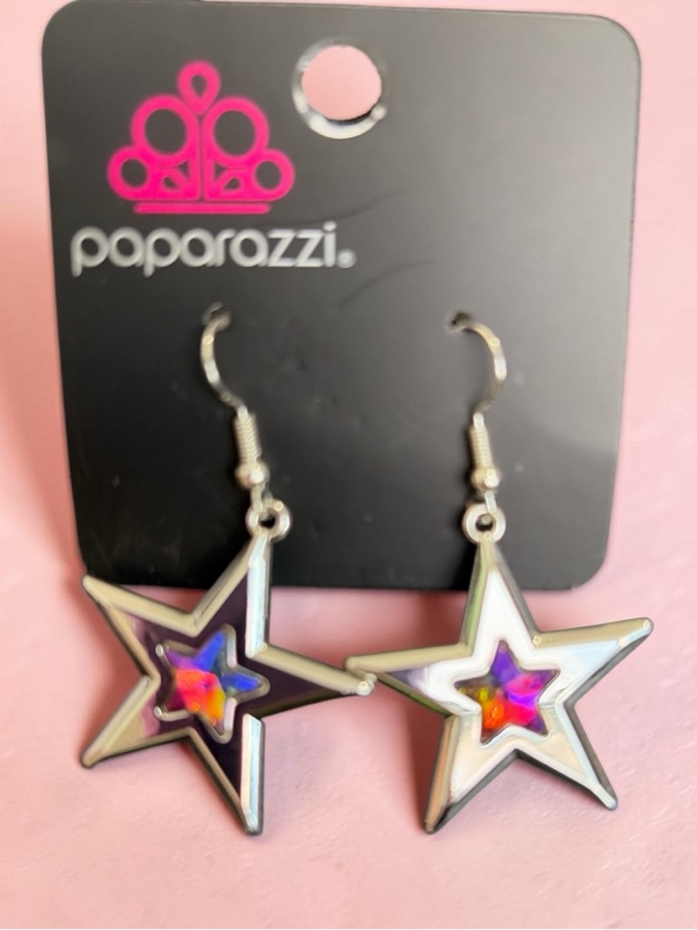 paparazzi Silver Star Dangle Earrings with Iridescent Center